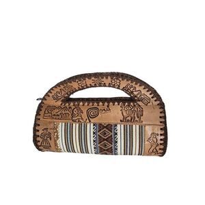 Peruvian Clutch Bag Leather‎ and Cloth Handled Embroidered Small Boho